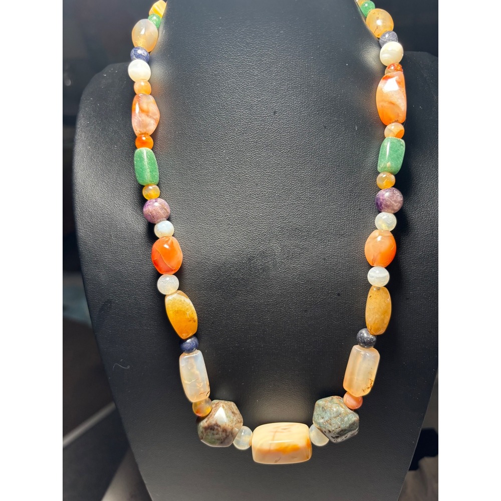 Bohemian Natural Stone Chunky Necklace Carved Agate Quartz Jasper Jade Amethyst